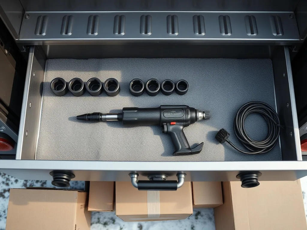 An open steel drawer in the side of a service truck body, impact sockets stood in a row, an air impact wrench on grey foam and a coil of hose beside it.