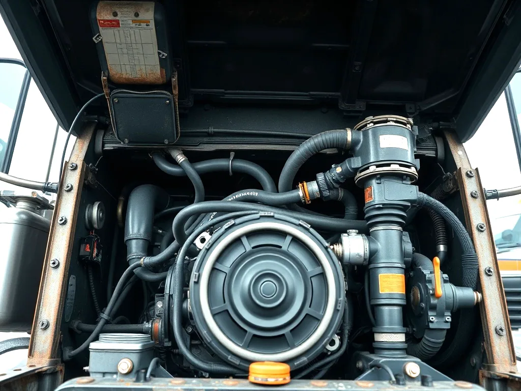 The engine bay of a heavy diesel truck with the hood tilted forward, showing belts, hoses, clamps and the air cleaner housing.