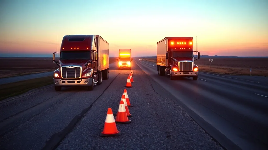 A tractor trailer stopped on the gravel shoulder of an empty interstate at dusk with its hood tilted forward, warning cones set out behind it and a second truck ahead with amber lights on.